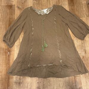 Paisley Vine Boho Brown Lace Trim Tassel Tunic Top Blouse XL